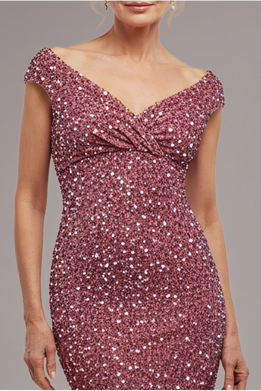 Multi Sequin & Velvet Bardot Midi Dress - Blush Pink DR3550M