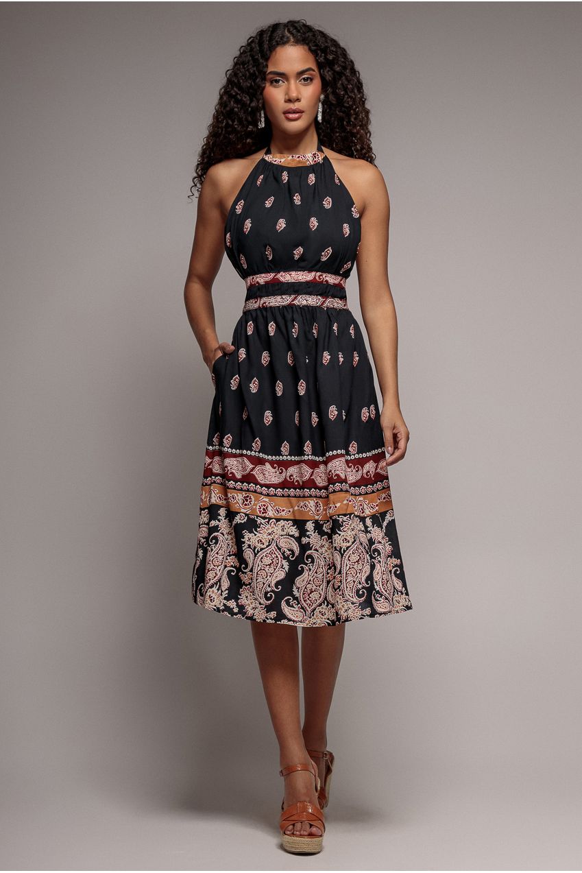 Halter Neck Printed Midi Dress - Black DR3557