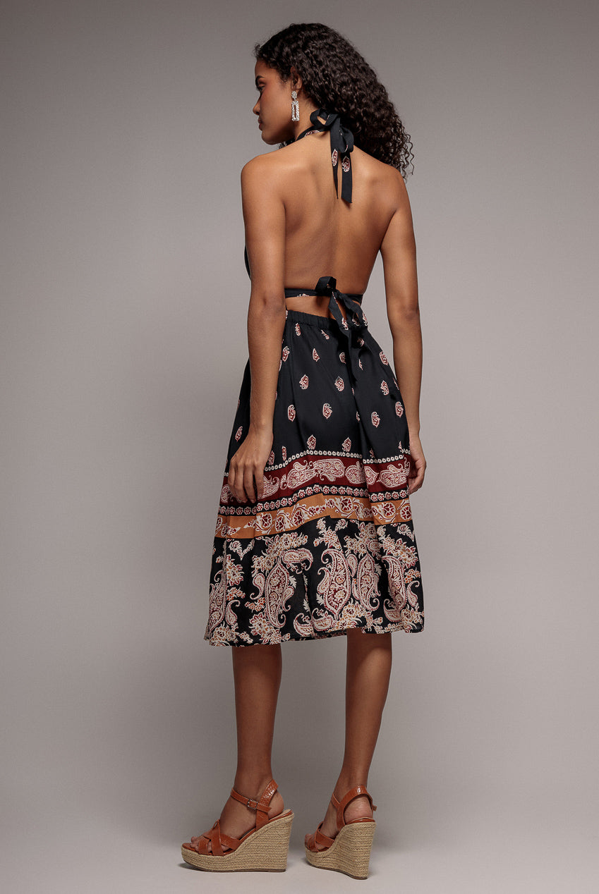 Halter Neck Printed Midi Dress - Black DR3557