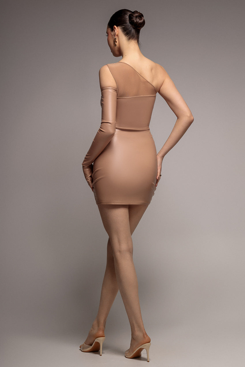 One Shoulder Faux Leather Mini Dress - Beige DR3573