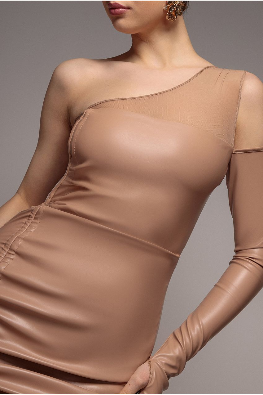 One Shoulder Faux Leather Mini Dress - Beige DR3573