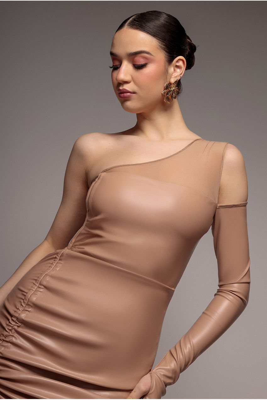 One Shoulder Faux Leather Mini Dress - Beige DR3573