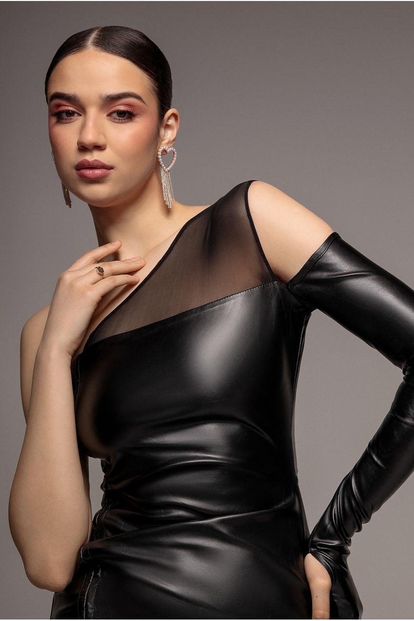 One Shoulder Faux Leather Mini Dress - Black DR3573