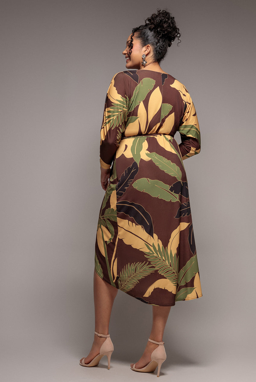 Printed Batwing Wrap Midi Dress - Brown DR3575P