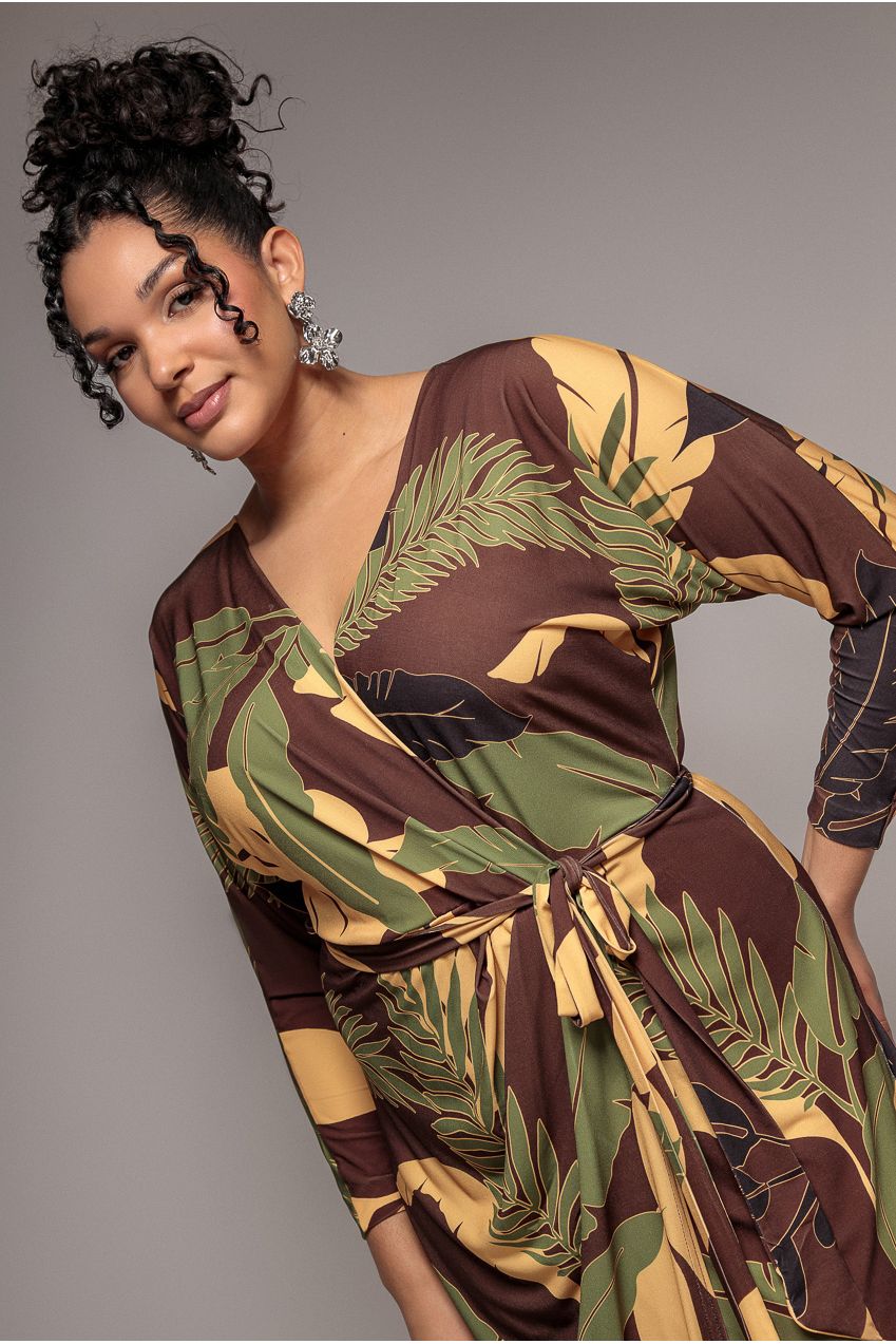 Printed Batwing Wrap Midi Dress - Brown DR3575P