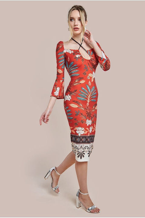 Printed Tie Back Midi Dress - Orange by Goddiva
