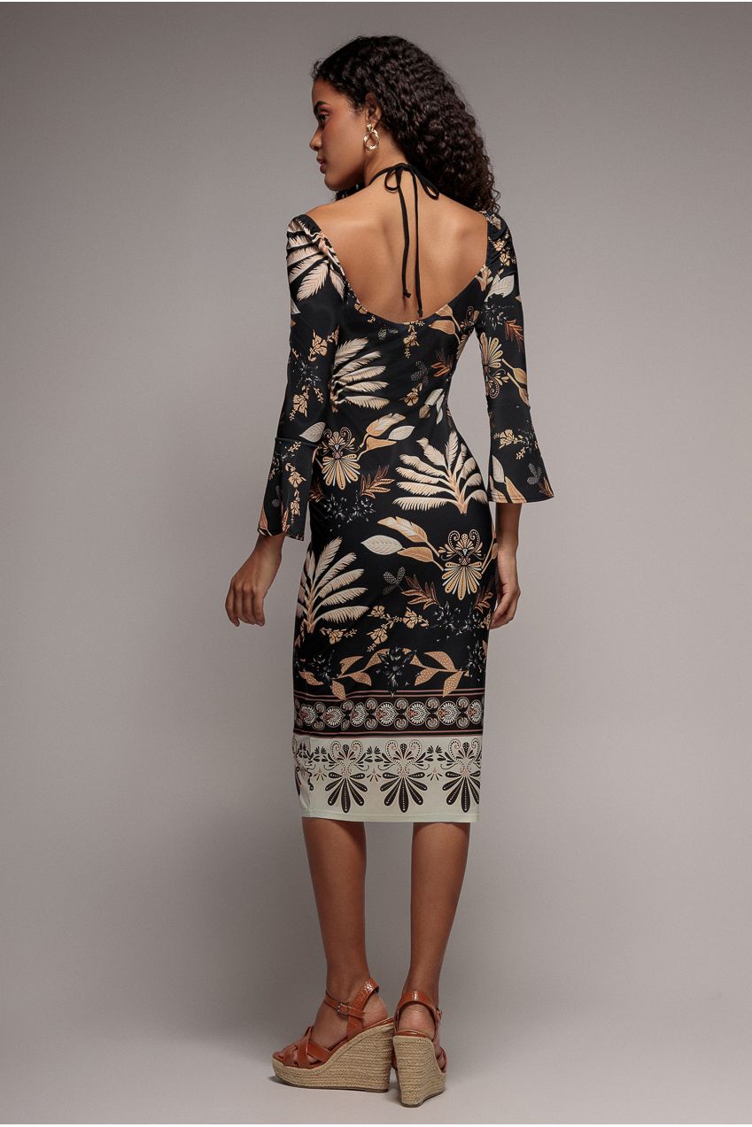 Printed Tie Back Midi Dress - Black DR3576