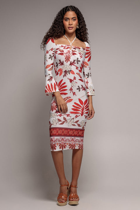 Printed Tie Back Midi Dress - Cream by Goddiva