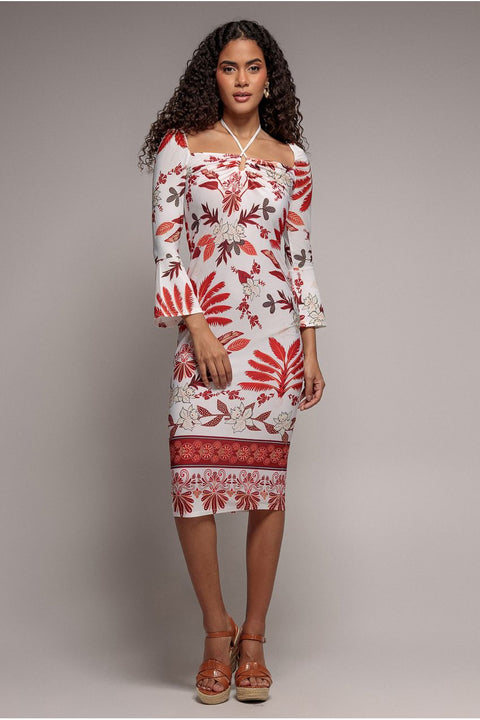 Printed Tie Back Midi Dress - Cream by Goddiva