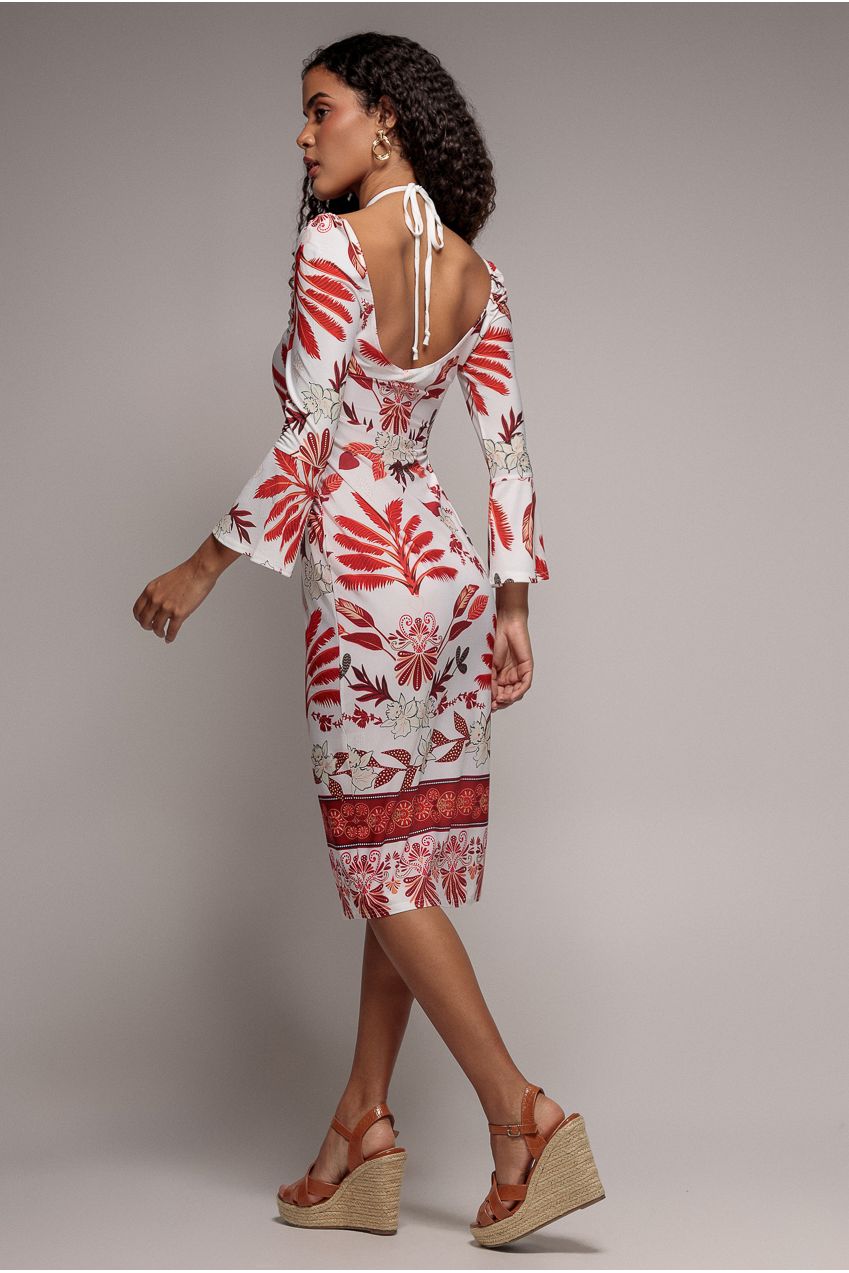 Printed Tie Back Midi Dress - Cream DR3576