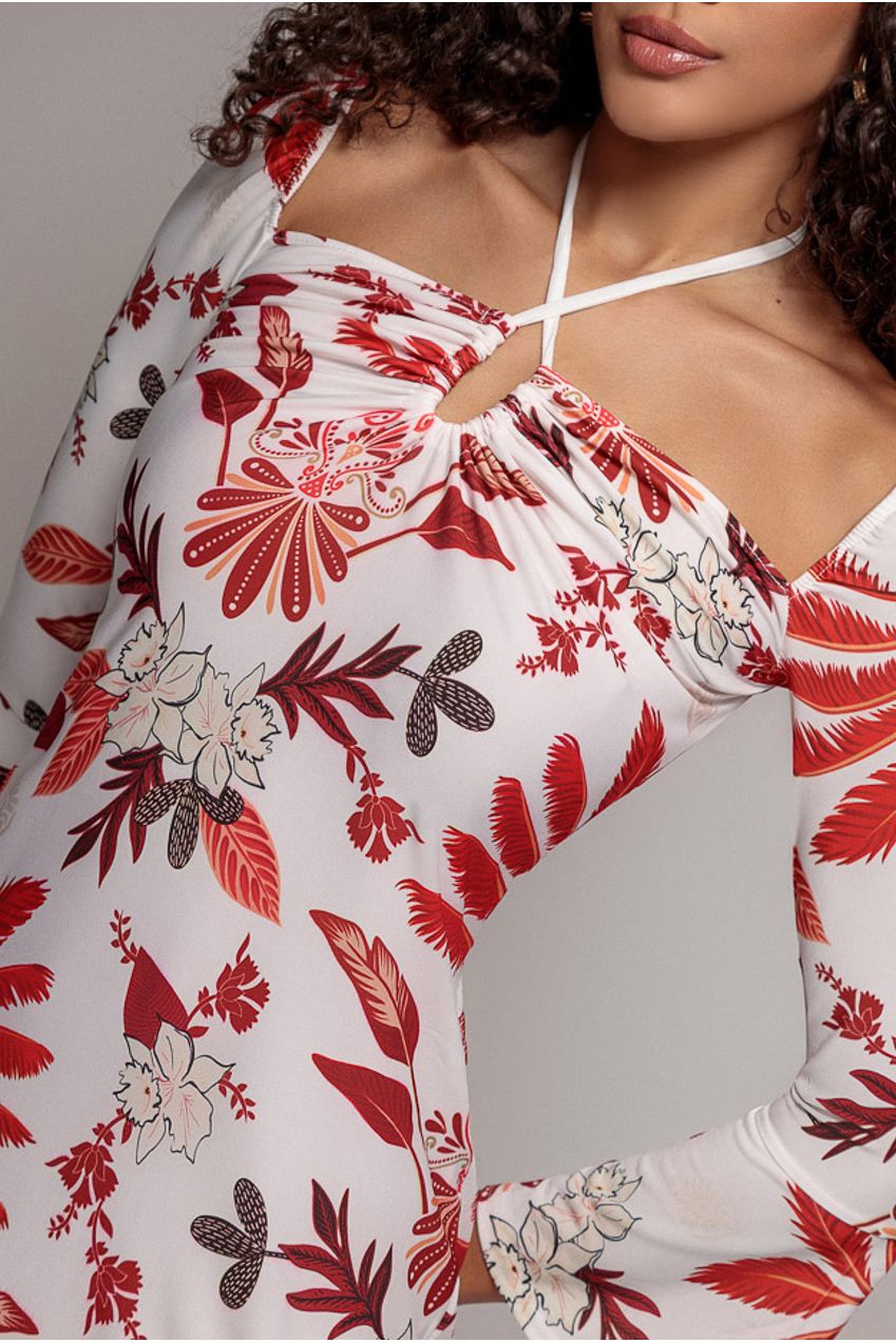 Printed Tie Back Midi Dress - Cream DR3576