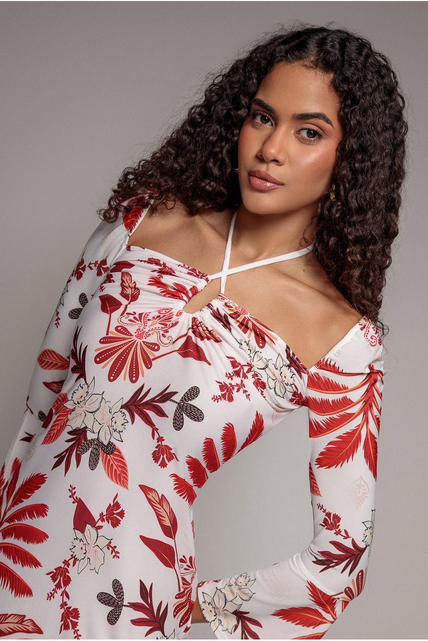 Printed Tie Back Midi Dress - Cream DR3576