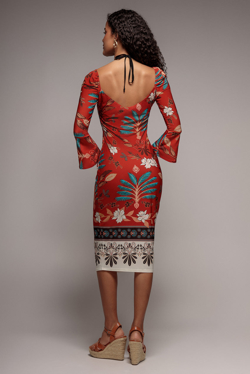 Printed Tie Back Midi Dress - Orange DR3576