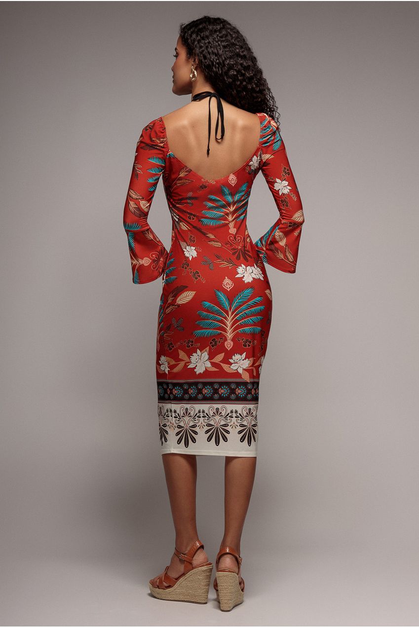 Printed Tie Back Midi Dress - Orange DR3576
