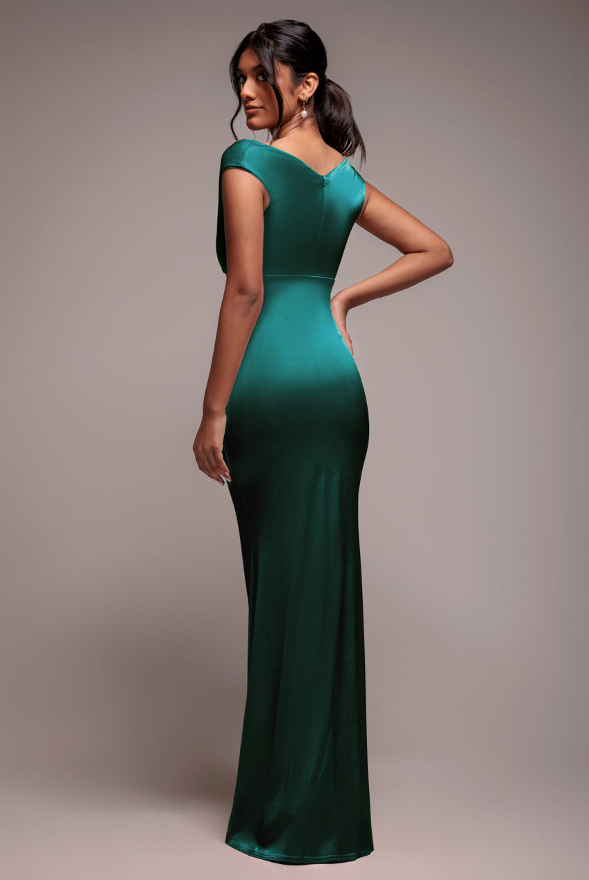 Satin Off The Shoulder Maxi Dress - Emerald Green DR3580