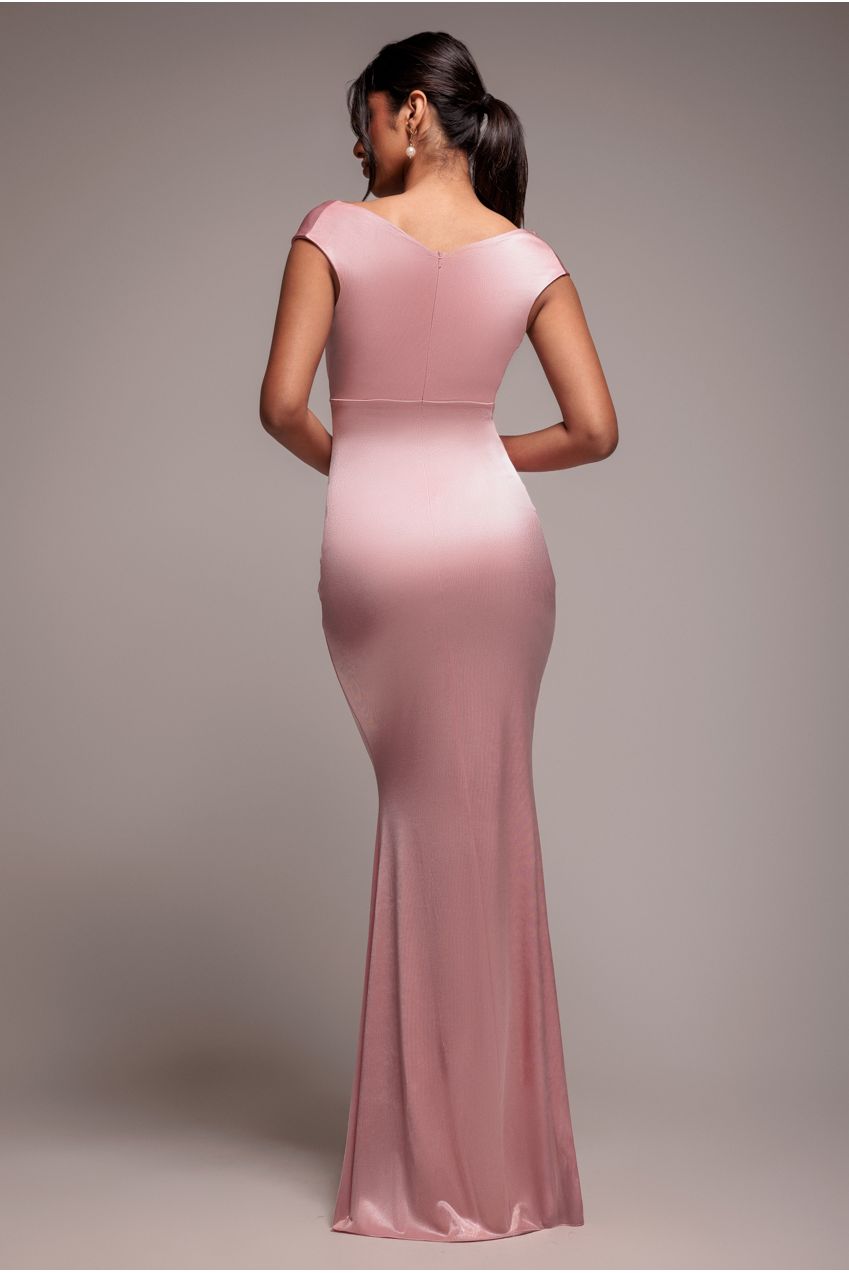Satin Off The Shoulder Maxi Dress - Pink DR3580