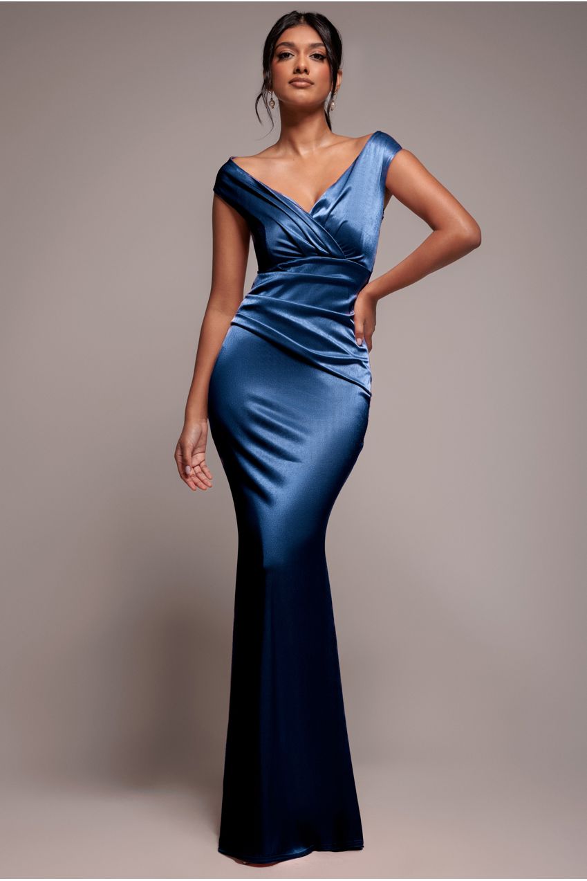 Satin Off The Shoulder Maxi Dress - Navy Blue DR3580