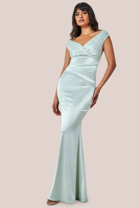Satin Off The Shoulder Maxi Dress - Sage Green by Goddiva