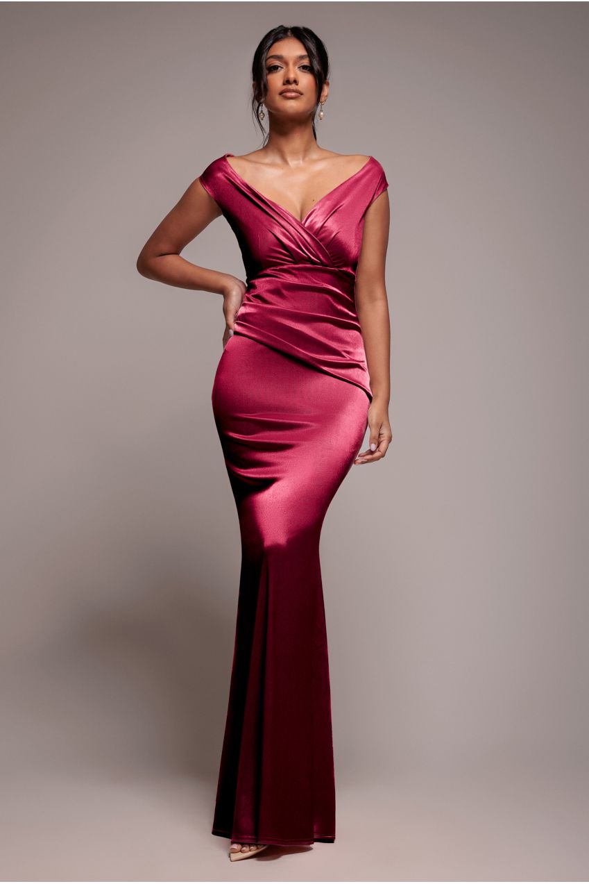 Satin Off The Shoulder Maxi Dress - Wine DR3580