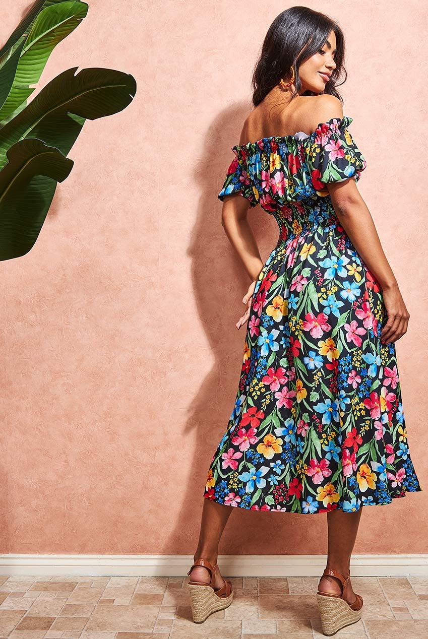 Off The Shoulder Floral Midi Dress - Black DR3583