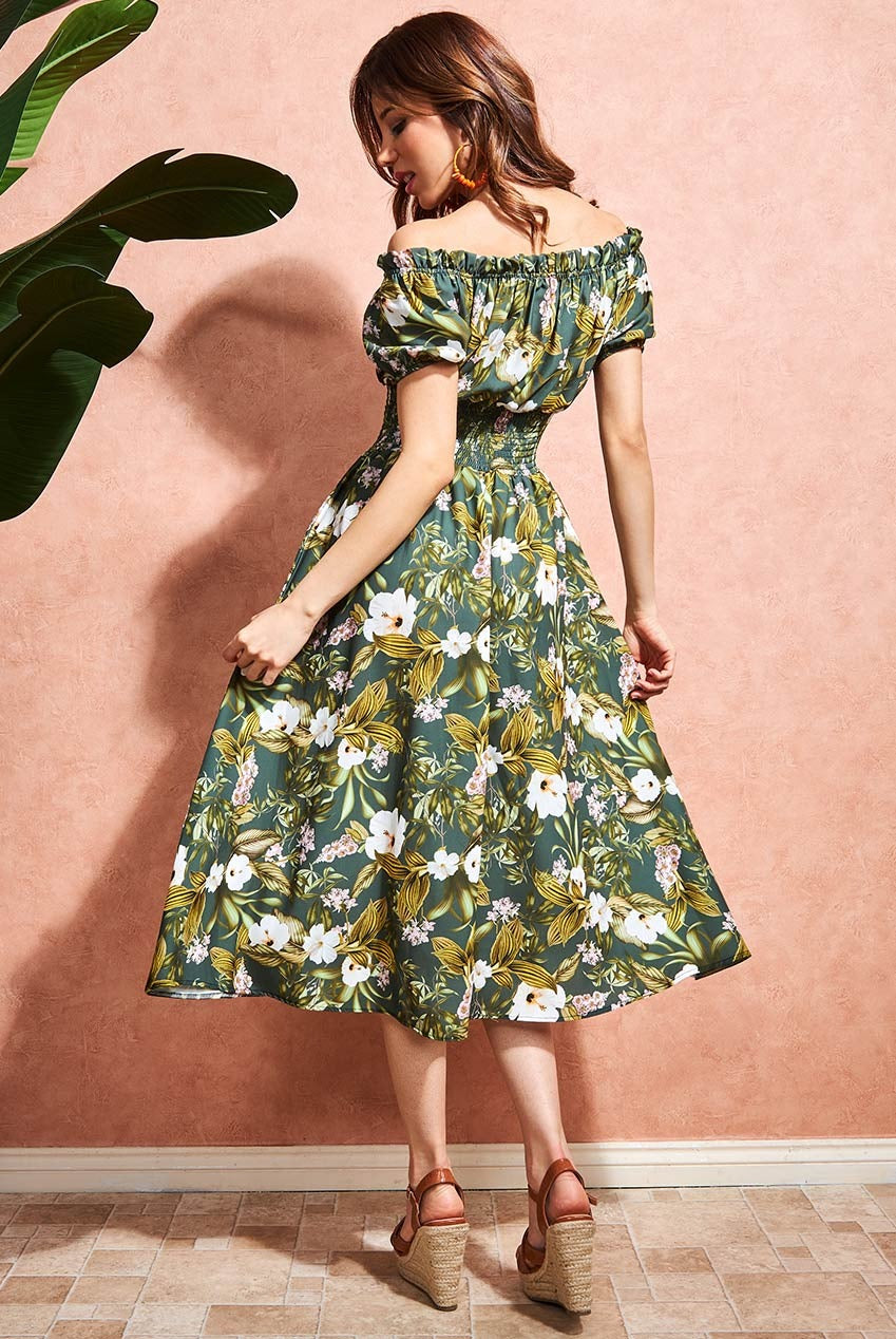 Off The Shoulder Floral Midi Dress - Green DR3583
