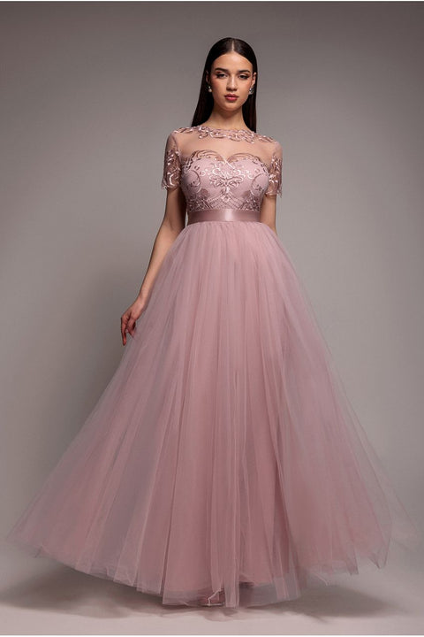 Embroidered Mesh Maxi Dress - Blush by Goddiva