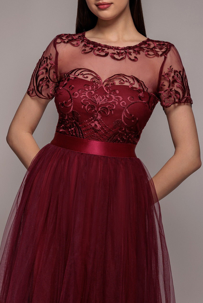 Embroidered Mesh Maxi Dress - Burgundy DR3584
