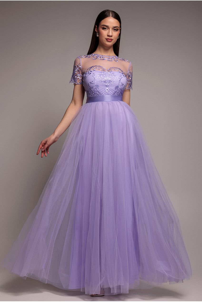 Embroidered Mesh Maxi Dress - Lilac | Goddiva Embroidered Mesh Maxi Dress - Lilac | Goddiva