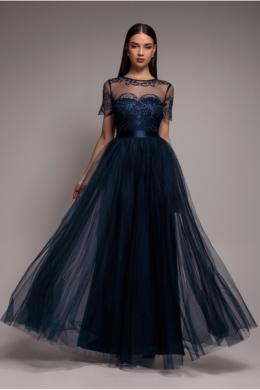Embroidered Mesh Maxi Dress - Navy | Goddiva Embroidered Mesh Maxi Dress - Navy | Goddiva