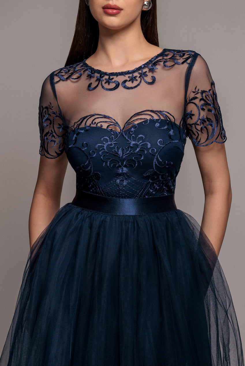 Embroidered Mesh Maxi Dress - Navy DR3584