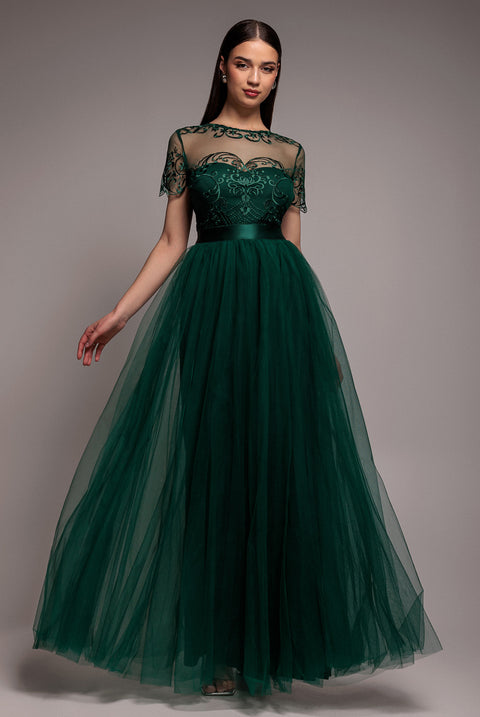 Embroidered Mesh Maxi Dress - Emerald Green by Goddiva