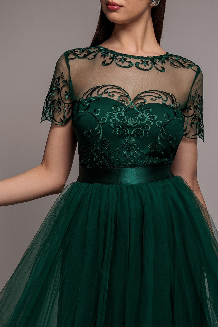 Embroidered Mesh Maxi Dress - Emerald Green DR3584
