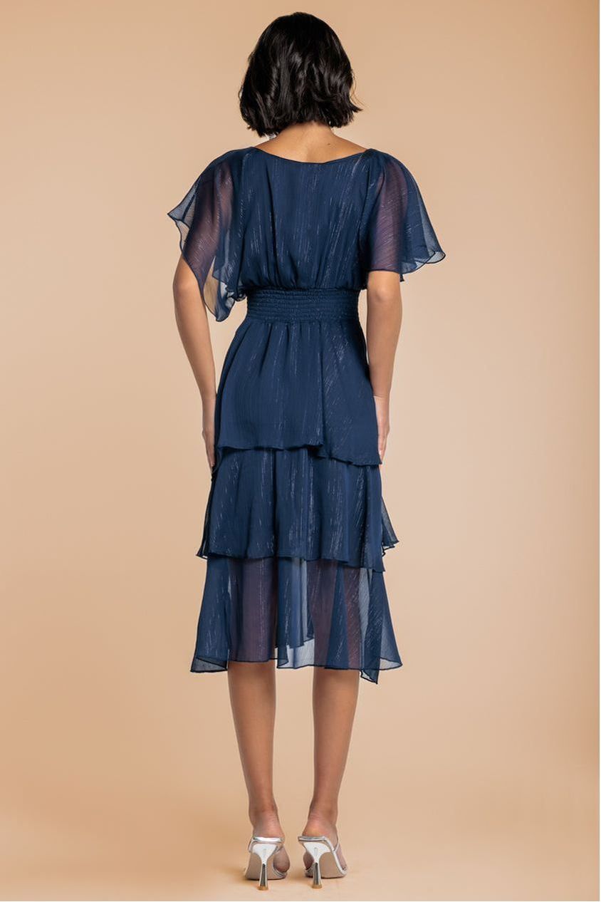Chiffon Layered Flutter Sleeve Midi Dress - Navy DR3590QZ