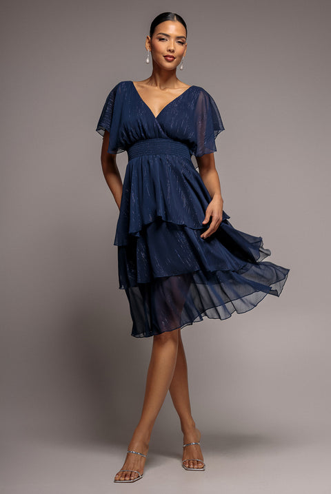 Chiffon Layered Flutter Sleeve Midi Dress - Navy by Goddiva