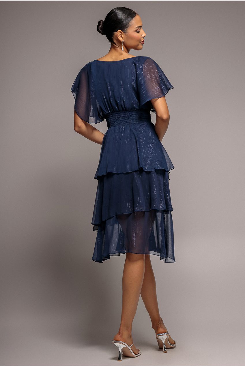 Chiffon Layered Flutter Sleeve Midi Dress - Navy DR3590QZ