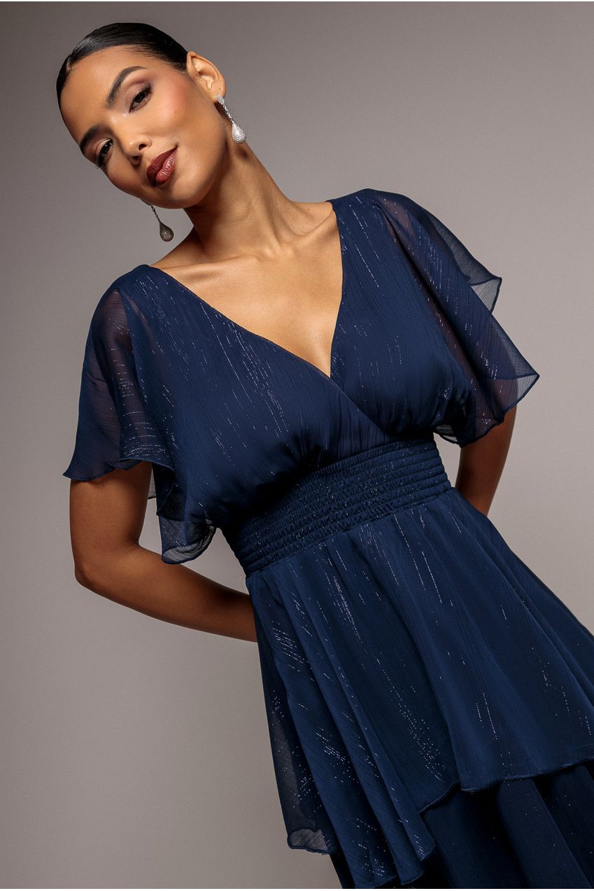 Chiffon Layered Flutter Sleeve Midi Dress - Navy DR3590QZ