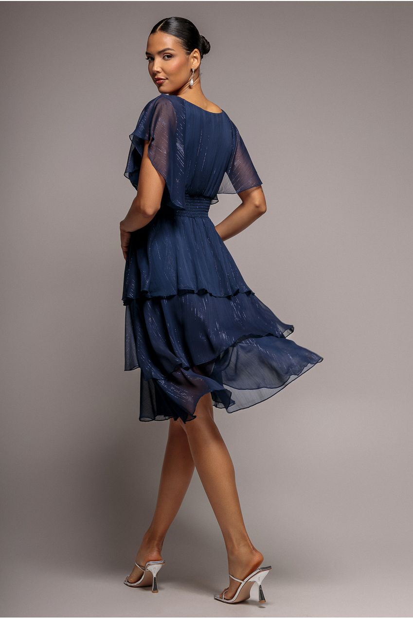 Chiffon Layered Flutter Sleeve Midi Dress - Navy DR3590QZ