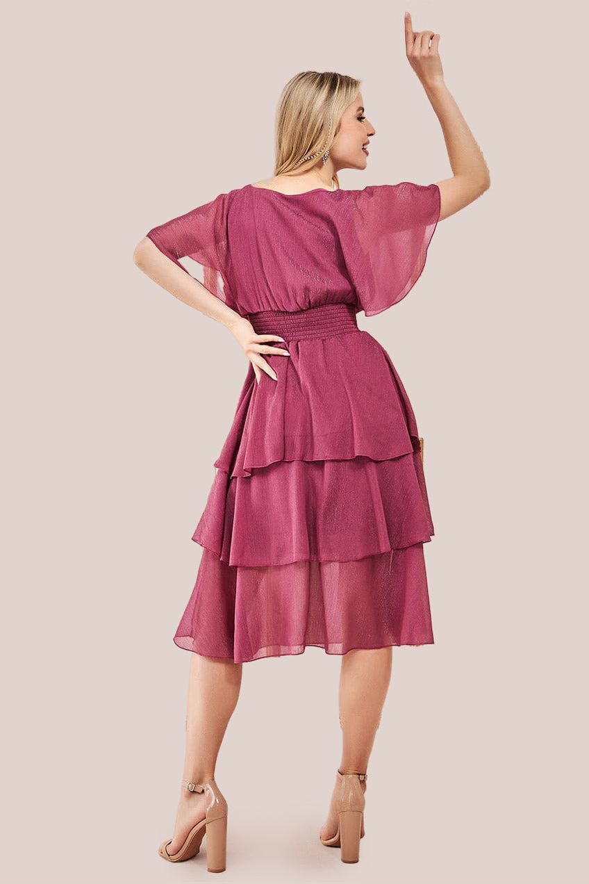 Chiffon Layered Flutter Sleeve Midi Dress - Pink DR3590QZ