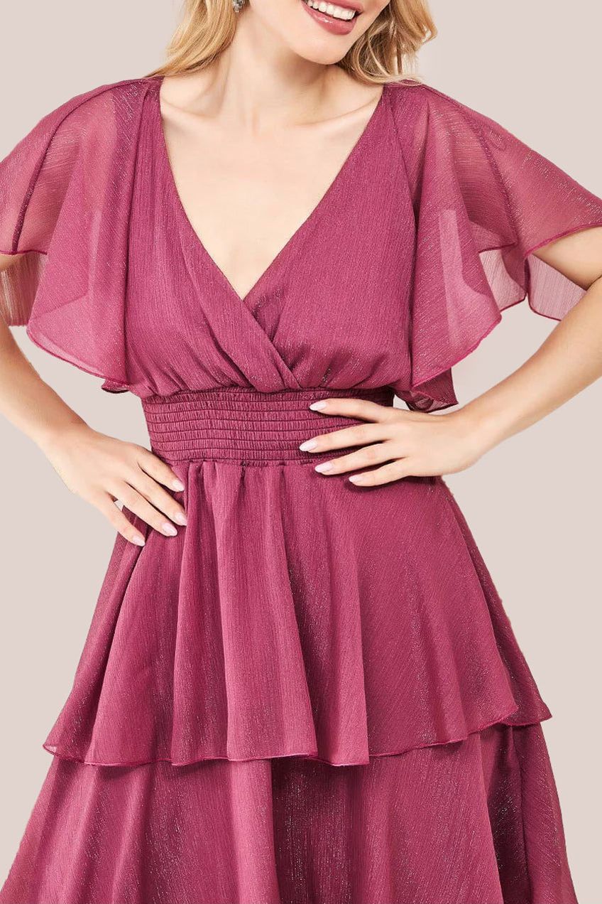 Chiffon Layered Flutter Sleeve Midi Dress - Pink DR3590QZ