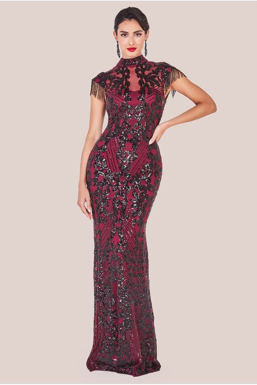 Embroidered Sequin Beaded Cap Sleeve Maxi - Burgundy DR3591