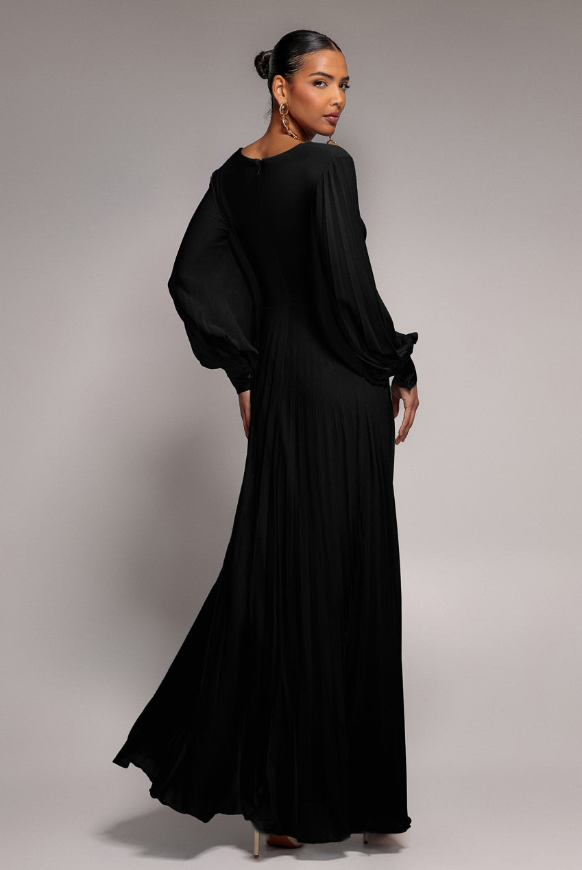 Fully Pleated Chiffon Maxi Dress - Black DR3593