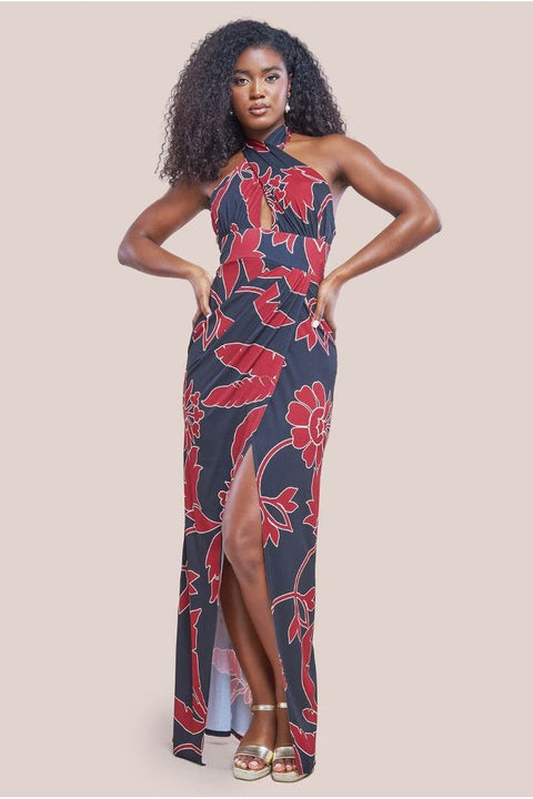 Printed Crossover Maxi Dress - Black by Goddiva