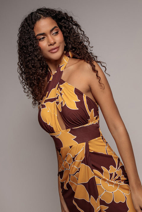 Printed Crossover Maxi Dress - Brown by Goddiva