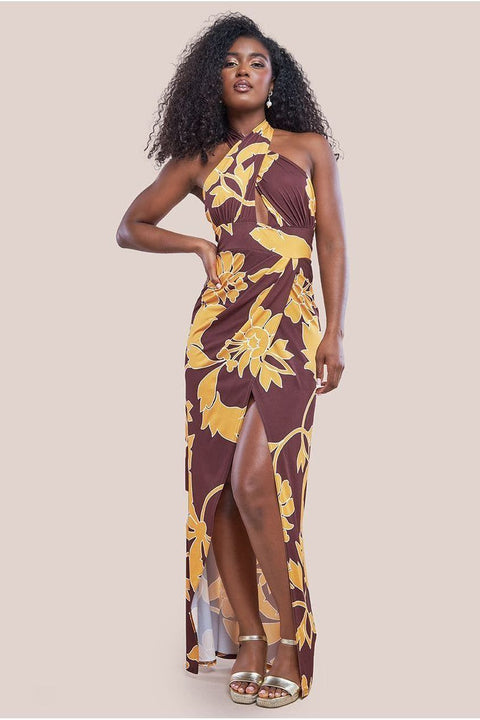 Printed Crossover Maxi Dress - Brown by Goddiva