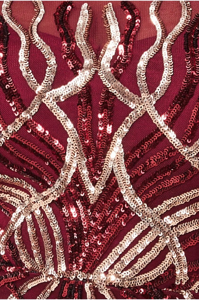 Long Sleeve Sequin Flame Midi Dress - Wine DR3605