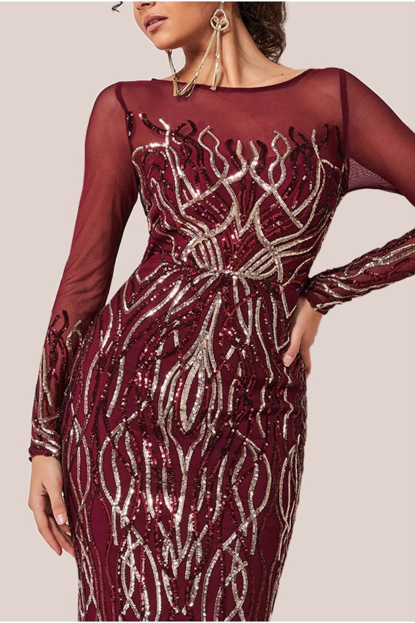 Long Sleeve Sequin Flame Midi Dress - Wine DR3605
