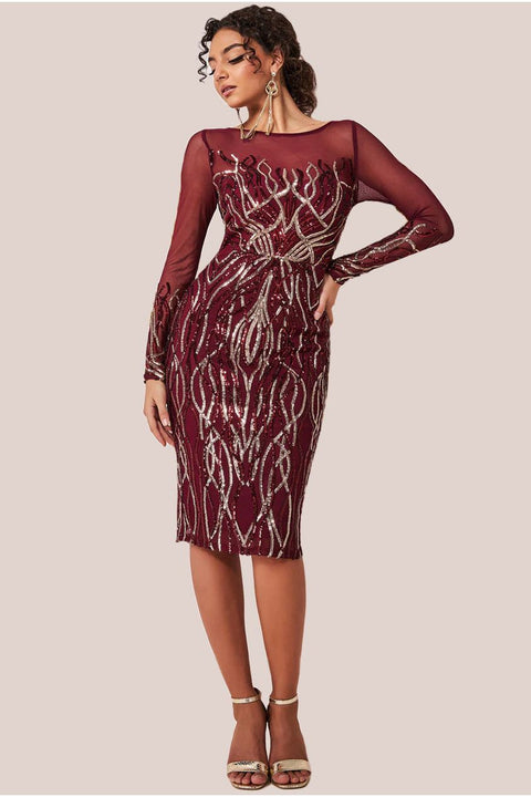 Long Sleeve Sequin Flame Midi Dress - Wine by Goddiva