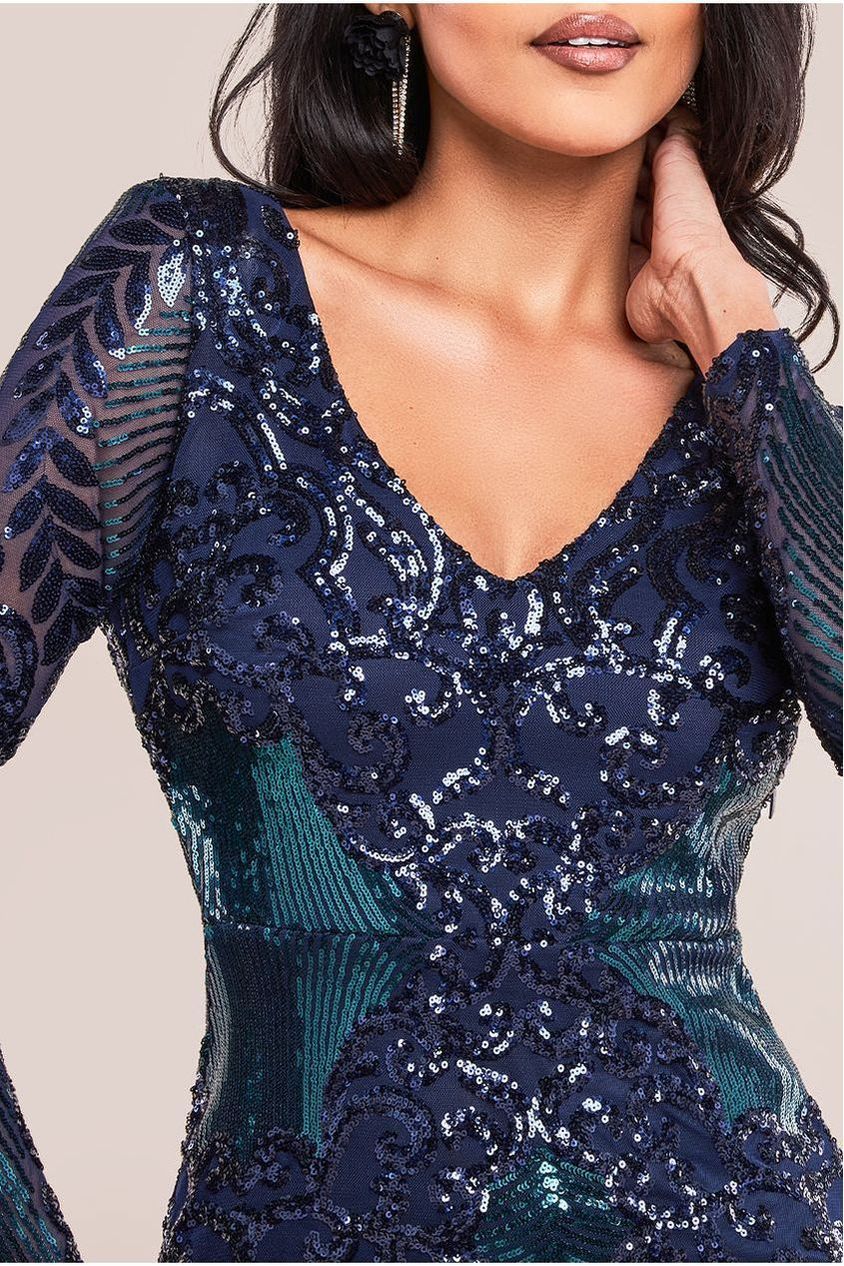 Contrast Sequin Long Sleeve Midi Dress - Emerald DR3607