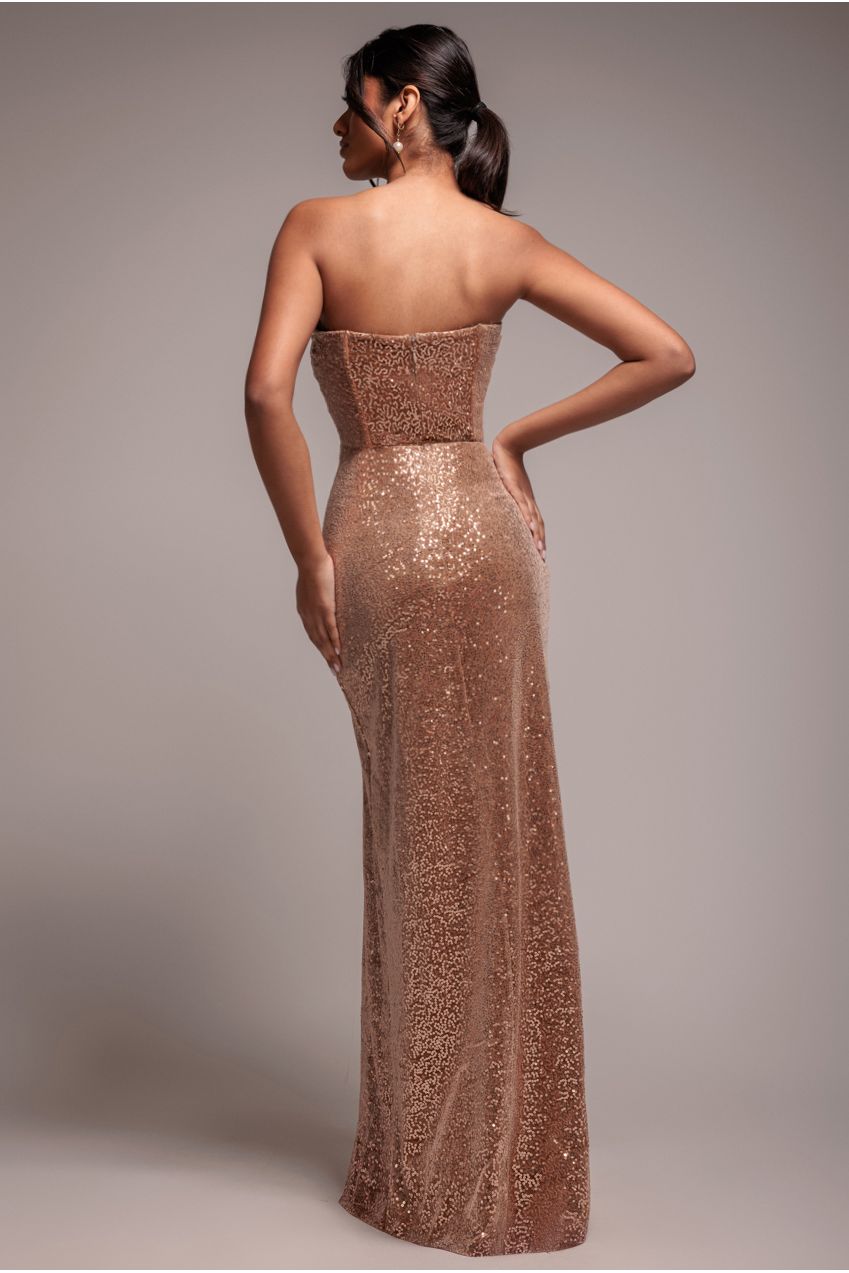 Sequin Velvet Bandeau Maxi Dress - Champagne DR3610
