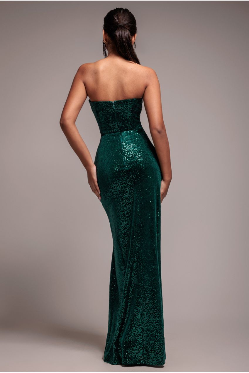 Sequin Velvet Bandeau Maxi Dress - Emerald Green DR3610